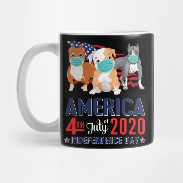 Pitbull Dogs With US Flag And Face Masks Happy America 4th July Of 2020 Independence Day by Cowan79